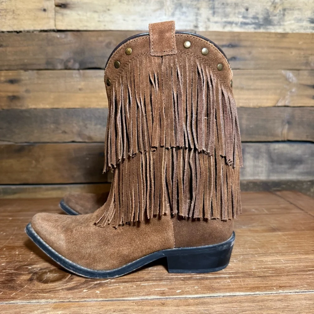 Shyanne Girls' Double-Fringe Cowboy Boot Snip Toe Brown Suede Leather Size 3.